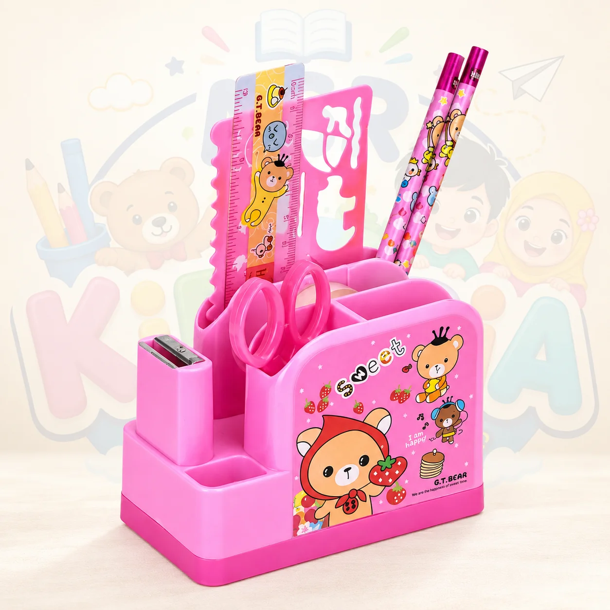 Kid's Plastic Fancy Pen Holder Gift Set with Stationary Kit and Tape Dispenser